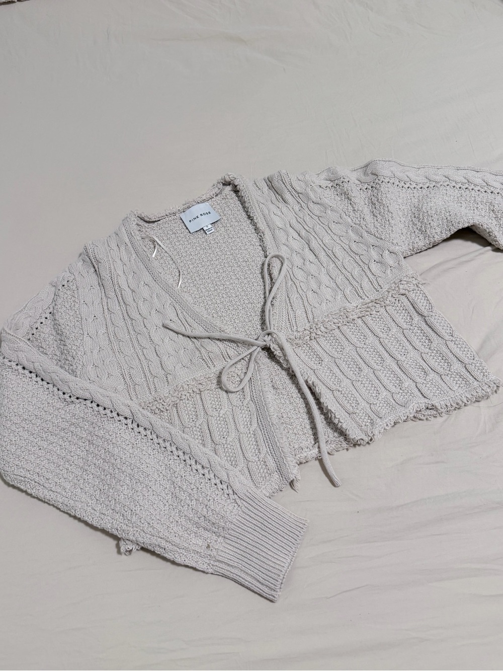 Free People Light Cream Cable Knit Tie-Waist Cardigan